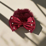 AM1279 BIG Bow Soft Fur Elastic Hair Band With Pearl ,Hair Band for Girls, Women's and Kids Baby Toddlers 1pc