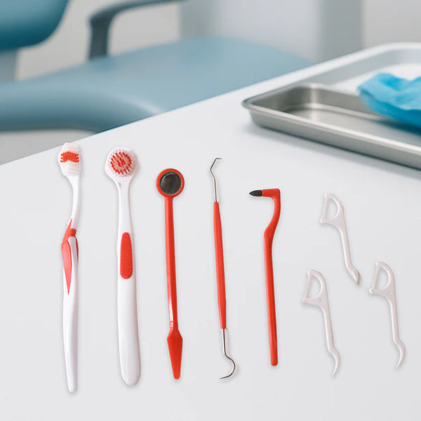 14497 Ergonomically designed anti-slip handles Durable plastic and stainless steel tools Helps remove plaque, tartar, and food particles Ideal for use between dentist visits Travel-friendly and hygienically packaged