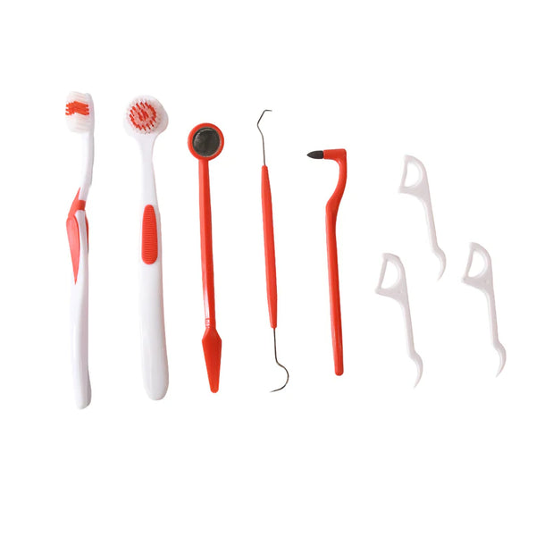 14497 Ergonomically designed anti-slip handles Durable plastic and stainless steel tools Helps remove plaque, tartar, and food particles Ideal for use between dentist visits Travel-friendly and hygienically packaged