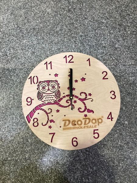 AM0609 Owl Pink Wooden Round Wall Clock design for Home -11.5x11.5