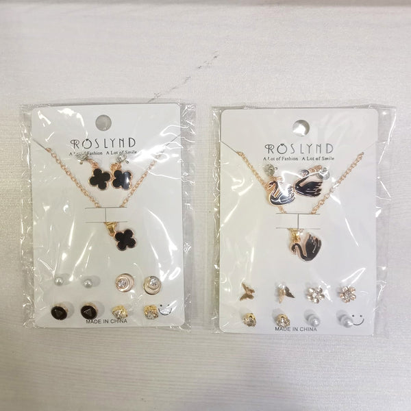 AM5773 Gold-Plated Jewellery - Set Of 5 Earrings pair ,Chain Pendant Necklace for Women & Girls