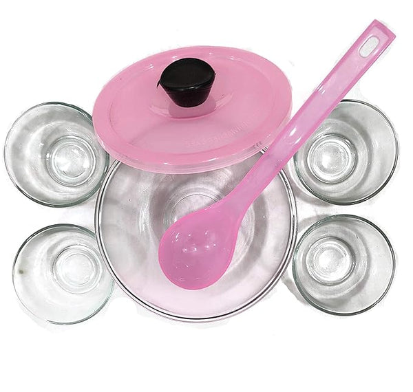 AM0314 Dine King Set 7 Pieces Glass Pudding Set (1 Big Bowl, 4 Small Bowls, 1 Medium Serving Spoon)