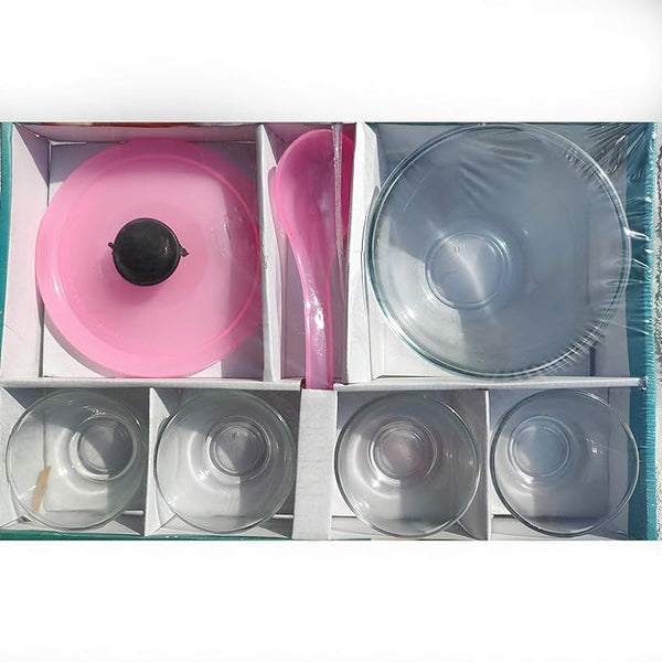 AM0314 Dine King Set 7 Pieces Glass Pudding Set (1 Big Bowl, 4 Small Bowls, 1 Medium Serving Spoon)