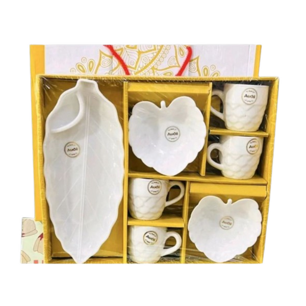 AM0316 Vento 7 Pcs Ceramic 1 Coffee Cups, 1 Leaf Snack Platter & 2 Bowls Gift Set
