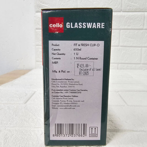 Di0003 Cello Fit & Fresh Clip-O Round Glass Storage Container - 650ml
