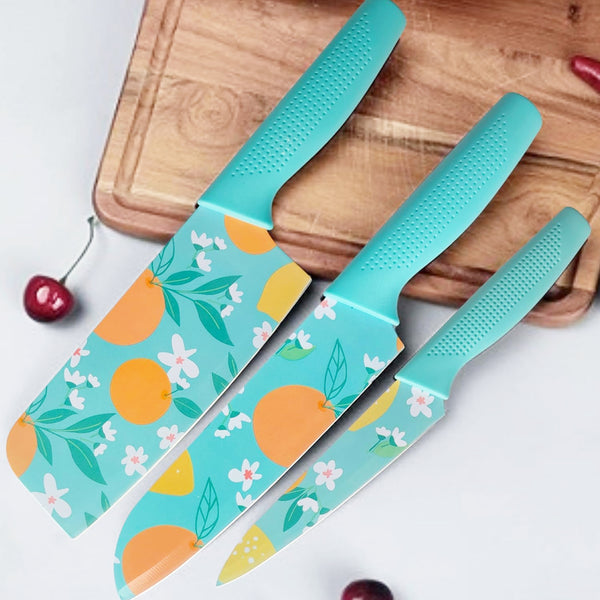 AM5666 3 Pcs Stainless Steel Knife Set Color Printed Stainless Steel Paring, Chef's & Cleaver Kitchen Knife Set, Pack of 3