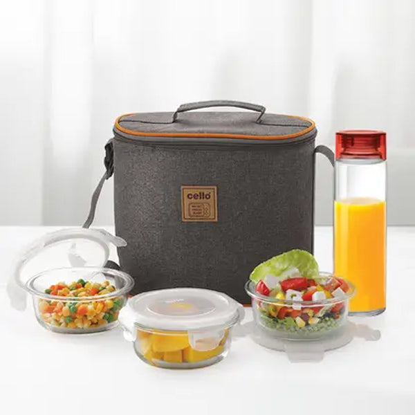 AM5450 Cello Royale Round Glass Lunch Box 400ml x 3 N with Jacket & Glass Water Bottle 500ml with 2 Spoons (Pack of 4Pc)