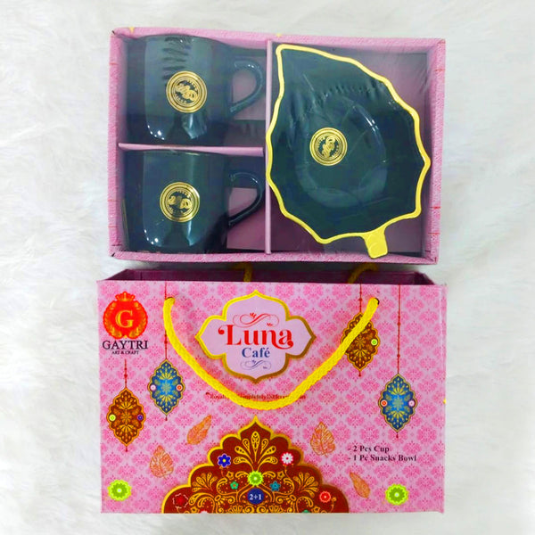 Di0313 Luna Cafe 3-Piece Black Tea/Coffee Set with Leaf-Shaped Snacks Platter