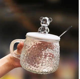 AM5059 Glass Textured Coffee Mug with Lid and Spoon - Transparent