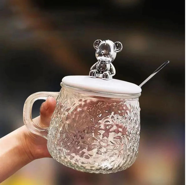 AM5059 Glass Textured Coffee Mug with Lid and Spoon - Transparent