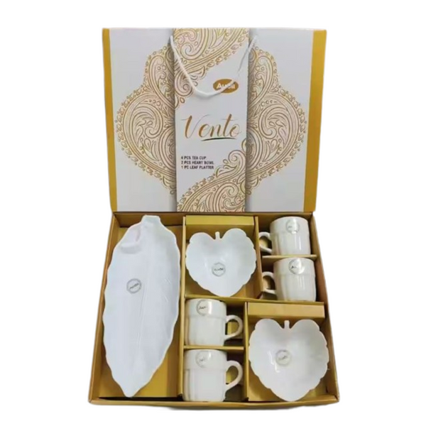AM0316 Vento 7 Pcs Ceramic 1 Coffee Cups, 1 Leaf Snack Platter & 2 Bowls Gift Set