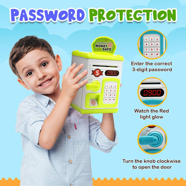 AM6018 Mini ATM Piggy Bank With Fingerprint Sensor - Musical Money Safe for Kids, Cash and Coin Savings
