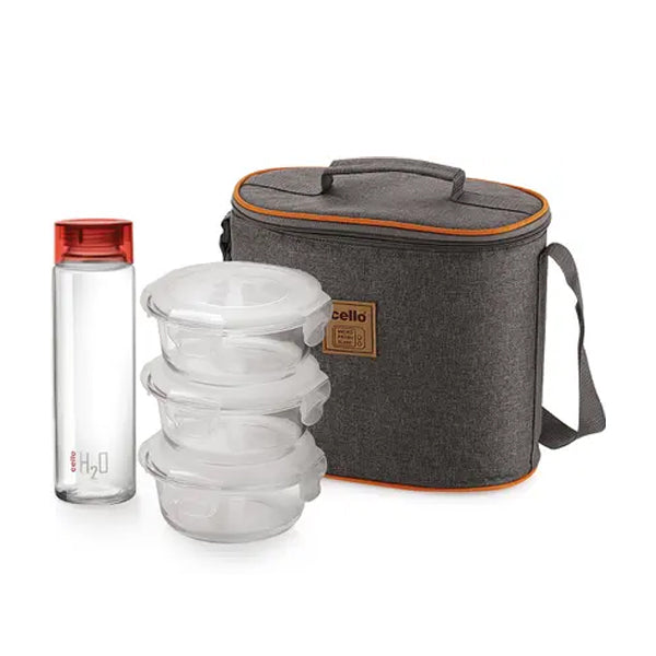 AM5450 Cello Royale Round Glass Lunch Box 400ml x 3 N with Jacket & Glass Water Bottle 500ml with 2 Spoons (Pack of 4Pc)
