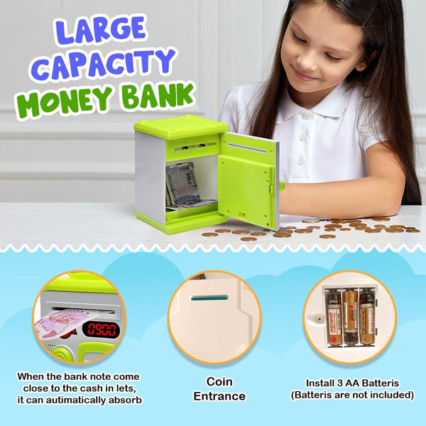 AM6018 Mini ATM Piggy Bank With Fingerprint Sensor - Musical Money Safe for Kids, Cash and Coin Savings