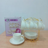AM5956 Luxury White Porcelain Cup, Saucer & Spoon Set with Golden Stand – 18 Pieces