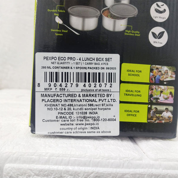 AM3525 SS Pexpo Eco Pro-4 Lunch Box Set 4Container,1 Spoon,Elegant Bag