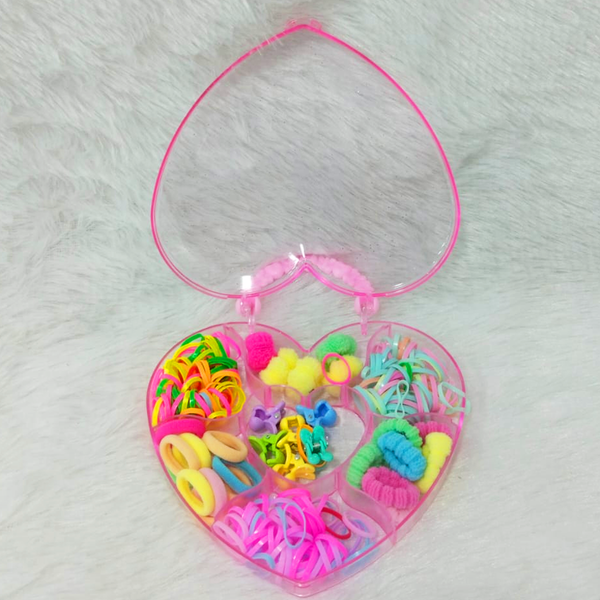 AM6221 Heart-Shaped Kids Hair Accessory Box – Colorful Rubber Bands, Clips & Scrunchies Set