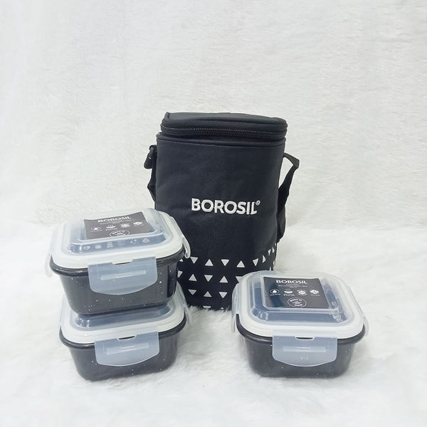 AM6189 Borosil Kube Black Glass Lunch Box, Square x 3 (Tall), Set of 3, 320ml