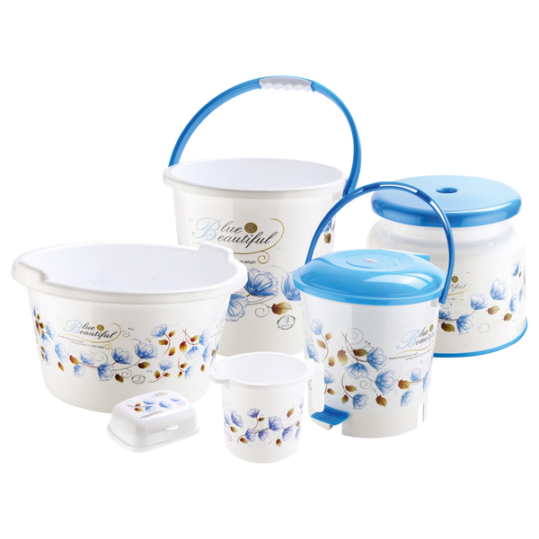 AM0564 Bathroom Set Printed Deluxe 6 Pcs(Bucket 16, Pedal Bin-1007, Tub No-2, Round Patla, Mug, Soap Case)