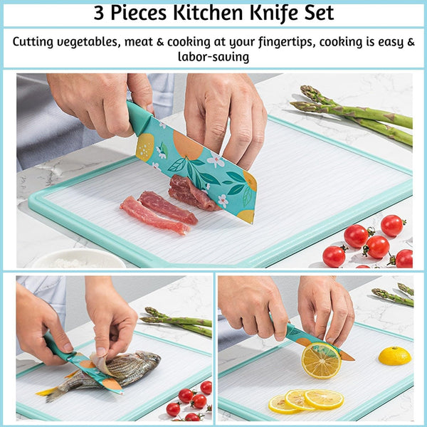 AM5666 3 Pcs Stainless Steel Knife Set Color Printed Stainless Steel Paring, Chef's & Cleaver Kitchen Knife Set, Pack of 3