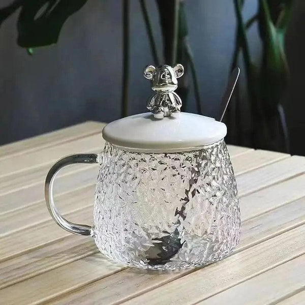 AM5059 Glass Textured Coffee Mug with Lid and Spoon - Transparent