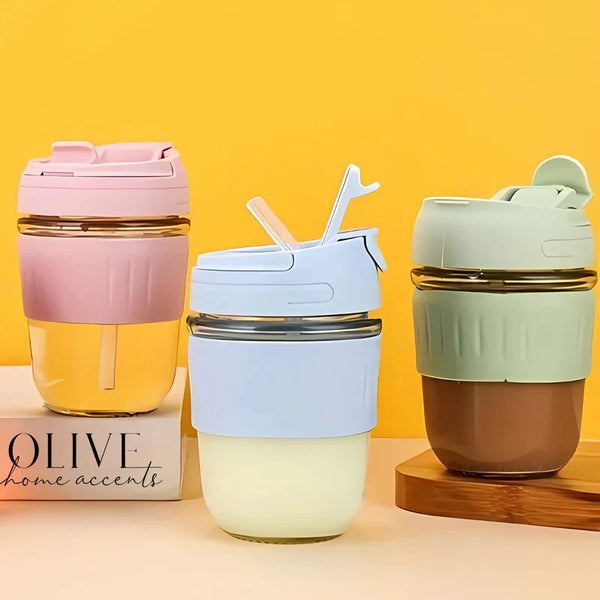 AM5066 Travel Glass Sipper with Lid and Straw 350 ml, Reusable Glass Tumbler with Lid and Straw