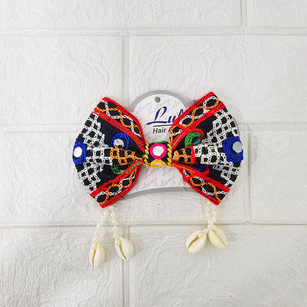 Di0040 Navratri MIx Design Embroidered Bow Hair Clip with Mirror Work & Hanging Shell Beads