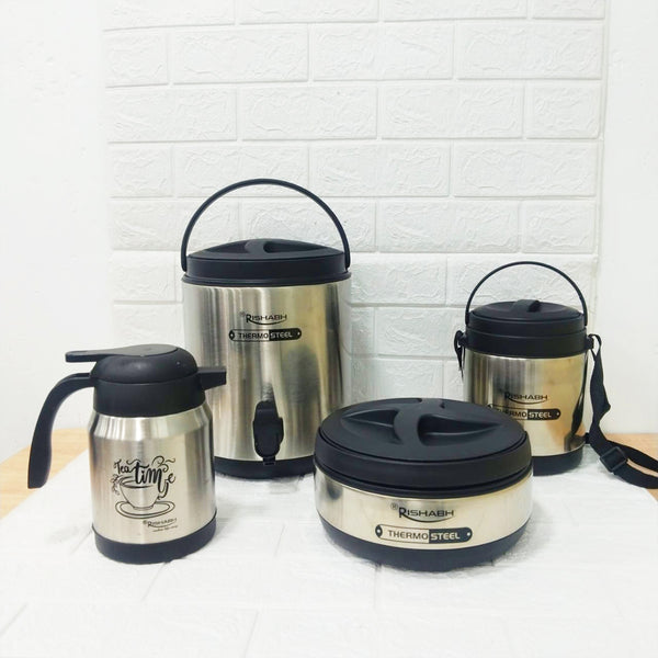 Di0191 Rishabh Big Multipurpose Thermo-Steel 4-Piece Set - Insulated Water Jug, Casserole, Tea Pot, and Lunch Box