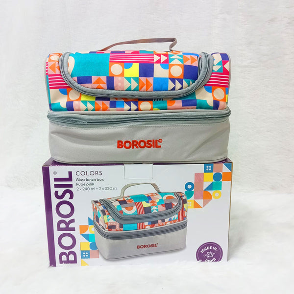 AM6192 Borosil Kube Pink Universal Glass Lunchbox, 320ml x 2 + 240ml x 2