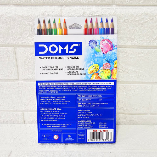 AM6079 DOMS Super Soft Hexagonal Pre-Sharpened Water Soluble Colour Pencils | Free Watercolor Paper, Sharpener & Water Brush | 3.3mm Watercolor Lead | 12 Shades | Pack of 1