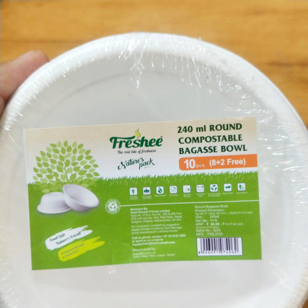 AM5814 Freshee 240ml Bagasse Round Food Bowls - Pack of 10 Disposable Containers