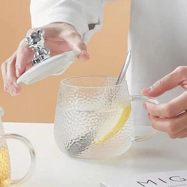 AM5059 Glass Textured Coffee Mug with Lid and Spoon - Transparent