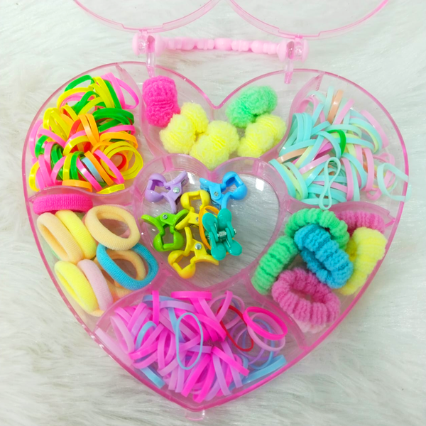 AM6221 Heart-Shaped Kids Hair Accessory Box – Colorful Rubber Bands, Clips & Scrunchies Set