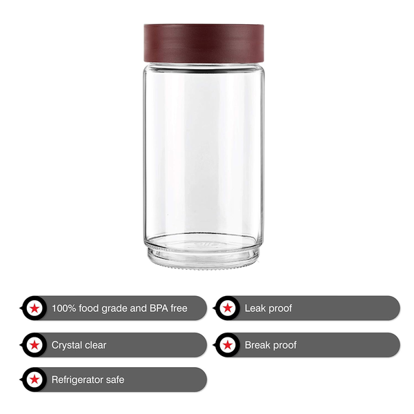 AM0663 CELLO Modustack Glassy Storage Jar | Glass Jar with Lid | Air Tight Steel Lid and Stackable | For Storage of Food, Pulses, Spice, Cereals, Cookies, Dry Food | 2000ml, Maroon