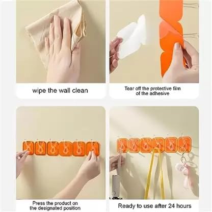 AM5095 Six Hook Sticky Hanger 6 Pc, Multipurpose Wall Hooks, Transparent Plastic Duty Wall Hook for Kitchen Bathroom Office Storage, Wall Mounted Towel Hanger