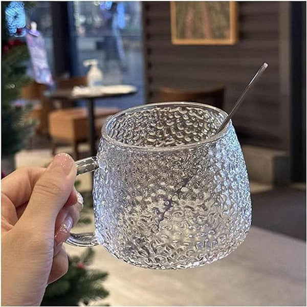 AM5059 Glass Textured Coffee Mug with Lid and Spoon - Transparent
