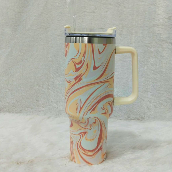 AM6258 Marble Swirl Stainless Steel Tumbler with Handle, Lid & Straw