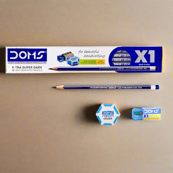 AM5505 Doms X1 X-Tra Super Dark Pencils 1 Pack - 10 Pencils - 1 Eraser + 1 Sharpener + 1 Protective Cap Free