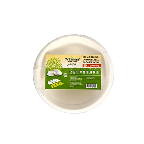 AM5814 Freshee 240ml Bagasse Round Food Bowls - Pack of 10 Disposable Containers