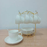 AM5956 Luxury White Porcelain Cup, Saucer & Spoon Set with Golden Stand – 18 Pieces