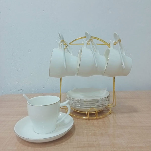 AM5956 Luxury White Porcelain Cup, Saucer & Spoon Set with Golden Stand – 18 Pieces