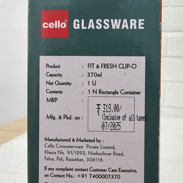 Di0007 Cello Fit & Fresh Clip-O Rectangle Glass Storage Container - 370ml