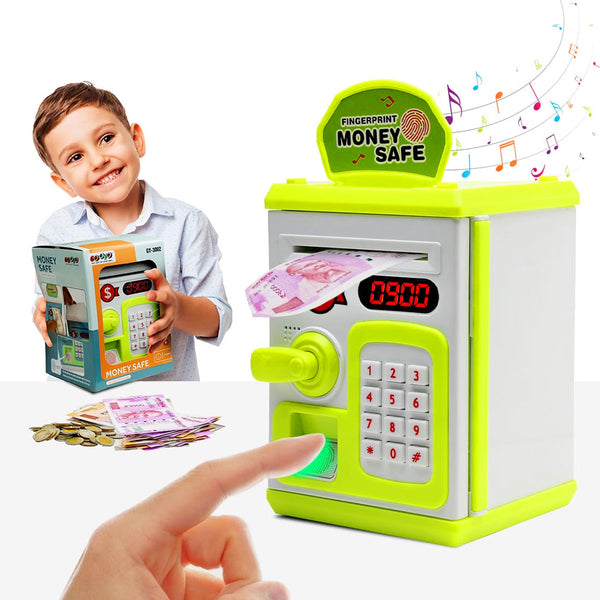 AM6018 Mini ATM Piggy Bank With Fingerprint Sensor - Musical Money Safe for Kids, Cash and Coin Savings
