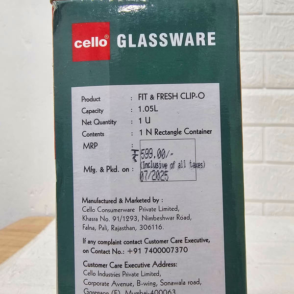 Di0009 Cello Fit & Fresh Clip-O Rectangle Glass Storage Container - 1050ml