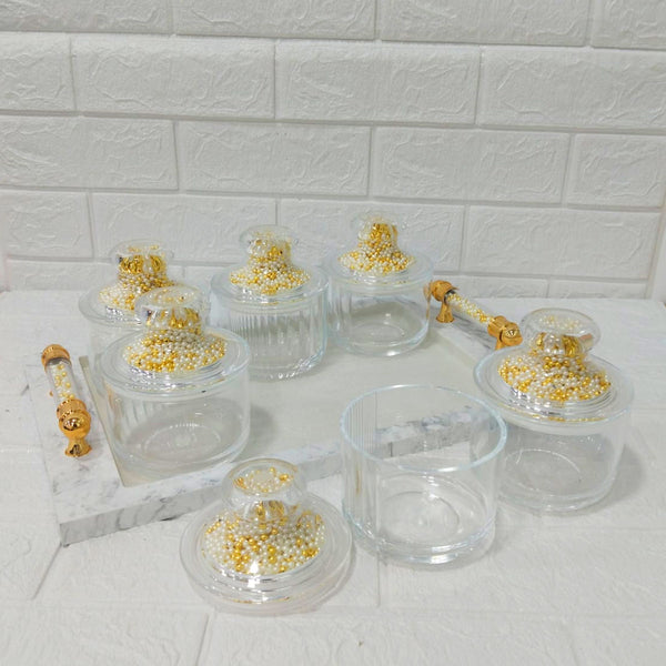 Di0152 Rishabh Super Rado Multipurpose 6 Jar Set with Marble-Look Tray & Golden Handles