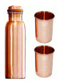 AM0377 Copper Coated Joint Free Leak Proof Cap 1 Litre Copper Water Bottle with Glass Set Of 2PCs