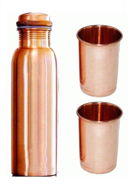 AM0377 Copper Coated Joint Free Leak Proof Cap 1 Litre Copper Water Bottle with Glass Set Of 2PCs
