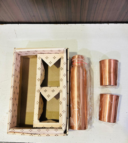 AM0377 Copper Coated Joint Free Leak Proof Cap 1 Litre Copper Water Bottle with Glass Set Of 2PCs