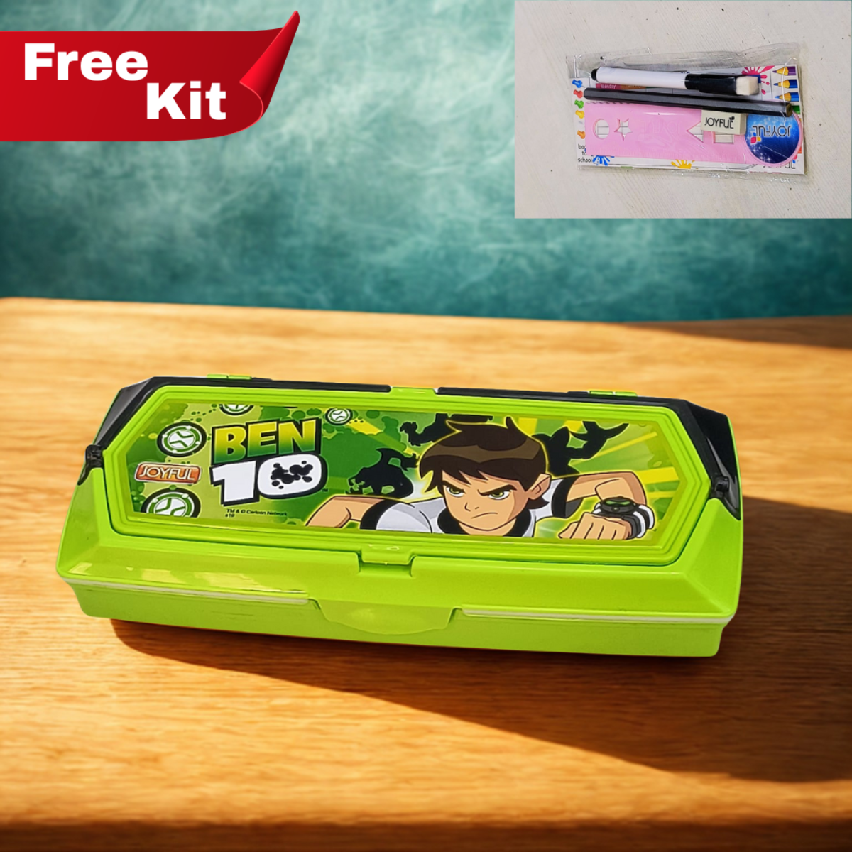 AM5541 Green Ben 10 Compass Box for Kids- (Pack of compassbox, kit of pencil rubber and marker)