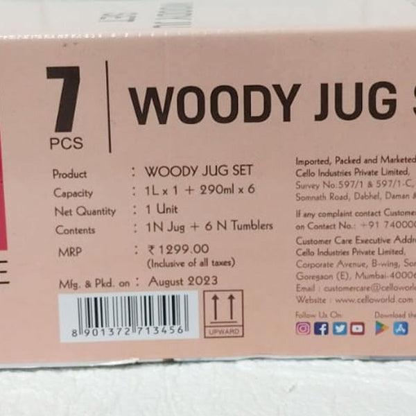 Di0248 Cello Woody Glass Jug Set, 7-Piece - 1L Jug with 6 Tumblers